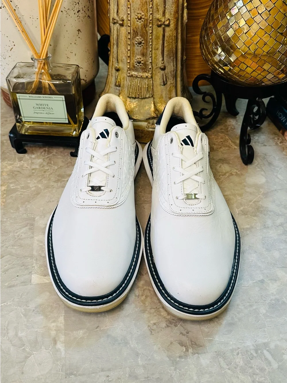 Men’s Adidas MC70 SL Golf Shoes White Leather Navy Spikeless Torsion Size 10.5